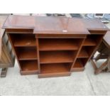 A MODERN MAHOGANY BREAKFRONT OPEN BOOKCASE, 45" WIDE