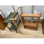 A PINE FOUR BAR TOWEL RAIL, PAINTED TEA TROLLEY AND SET OF SMALL OPEN OAK BOOKSHELVES