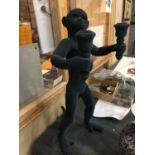 A METAL FIGURE OF A MONKEY CANDLEHOLDER WITH BLUE FLOCK COVERING HEIGHT 53CM