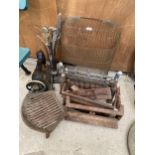 A COLLECTION OF VARIOUS VINTAGE ITEMS TO INCLUDE FIRE GRATES, A SINGER SEWING MACHINE AND
