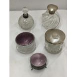 FIVE VINTAGE SILVER AND CUT GLASS ITEMS TO INCLUDE ENAMELLED SILVER LIDDED GLASS JARS, DECANTER WITH
