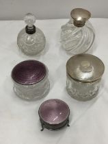 FIVE VINTAGE SILVER AND CUT GLASS ITEMS TO INCLUDE ENAMELLED SILVER LIDDED GLASS JARS, DECANTER WITH