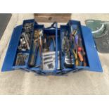 A METAL TOOL BOX CONTAINING AN ASSORTMENT OF TOOLS