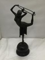 AN ART DECO STYLE BRONZE OF AN EGYPTIAN STYLE HOOP DANCER ON A MARBLE BASE SIGNED D.H. CHIPARUS H:
