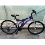 A LADIES MUDDYFOX MOUNTAIN BIKE WITH FRONT AND REAR SUSPENSION AND 18 SPEED TOURNEY GEAR SYSTEM