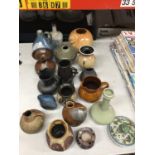A COLLECTION OF STUDIO POTTERY TO INCLUDE VASES, JUGS, BOWLS, ETC, SOME MARKED TO THE BASE