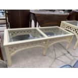 A MODERN WHITE GLASS TOP COFFEE TABLE, 52X22"