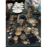 ALARGE QUANTITY OF SILVER PLATED ITEMS TO INCLUDE AN INSCRIBED BOWL FROM 1931, GOBLETS, TEA SERVICE,