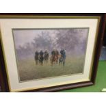 TWO FRAMED PRINTS - ONE OF RACEHORSES ON THE GALLOPS AND SHIRES PLOUGHING A FIELD