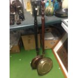 TWO COPPER AND BRASS BEDWARMING PANS WITH MAHOGANY HANDLES