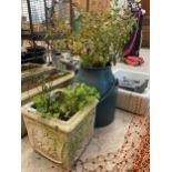 A RECONSTITUTED STONE PLANTER AND A MILKING BUCKET PLANTER