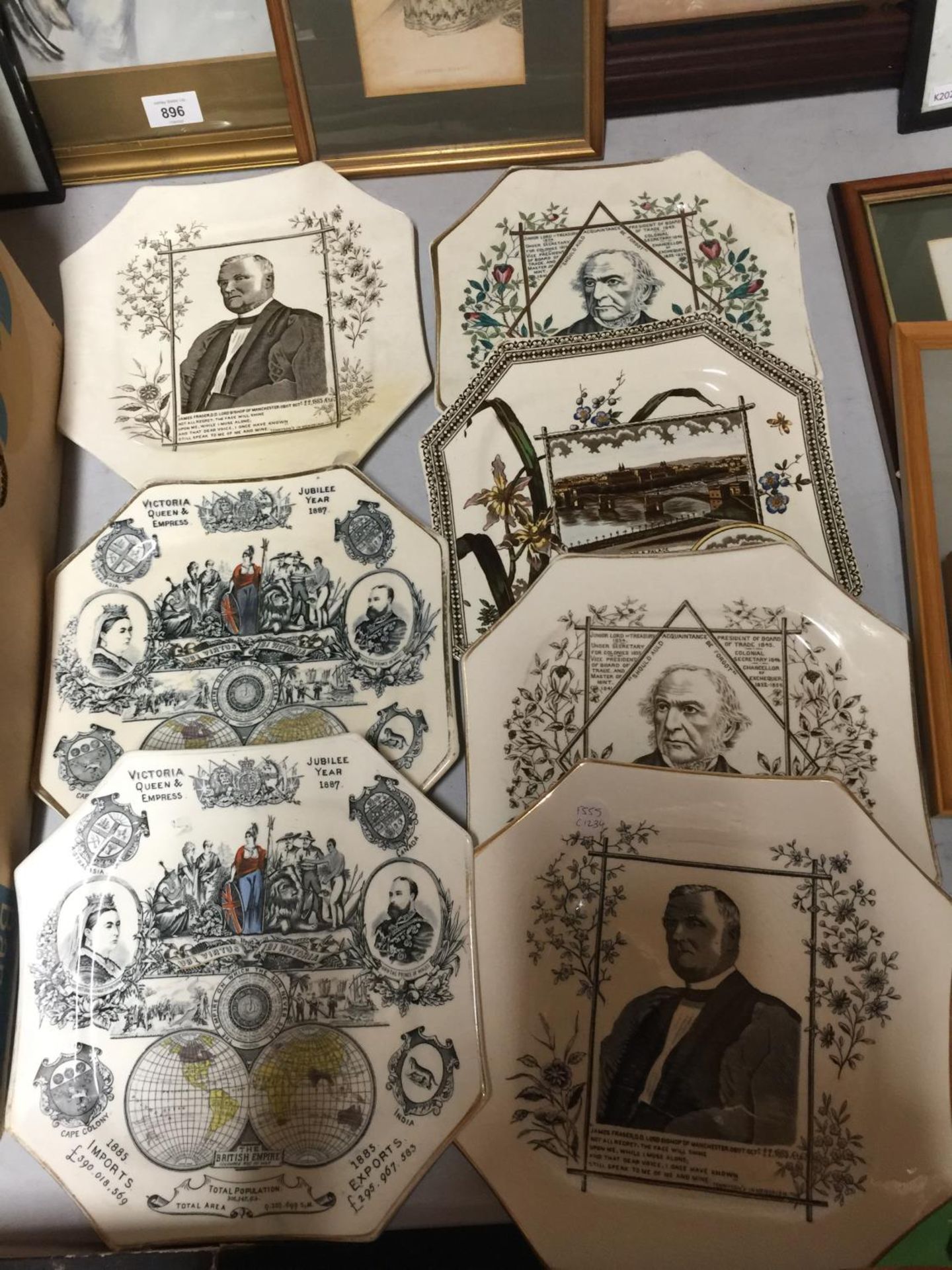 SEVEN OCTAGONAL VINTAGE CABINET PLATES WITH IMAGES OF QUEEN VICTORIA JUBILEE YEAR 1887, JAMES