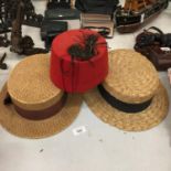 A NEW & LINGWOOD LTD, ETON, LONDON, CAMBRIDGE STRAW BOATER, 'THE YORK HAT' BOATER AND A LOXE FEZ