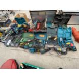 AN EXTREMLEY LARGE ASSORTMENT OF POWER TOOLS TO INCLUDE MAKITA GRINDERS, HITACHI DRILLS, DEWALT