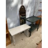 A PAINTED VICTORIAN STOOL, PAINTED TEA TROLLEY AND NARROW WALNUT WALL MIRROR