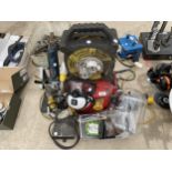 A 110V TRANSFORMER, TWO BOSCH 110V ANGLE GRINDERS AND FURTHER ACCESSORIES TO INCLUDE DISCS AND A