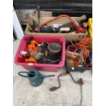 AN ASSORTMENT OF TOOLS TO INCLUDE SYTHES, A WATERING CAN AND A BRACE DRILL ETC