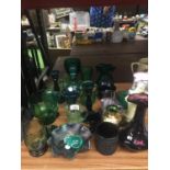 A QUANTITY OF MAINLY GREEN ART GLASSWARE TO INCLUDE VASES, GOBLETS, JUGS, CANDLESTICKS, ETC