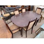 A MODERN MAHOGANY EXTENDING DINING TABLE, 58X40" (LEAF 18"), FIVE CHAIRS, ONE BEING A CARVER