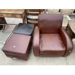 A MODERN BROWN LEATHER EASY CHAIR AND POUFFE WITH FURTHER POUFFE IN BLACK