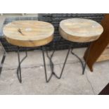 A PAIR OF STOOLS ON METALWARE FRAMES WITH 2.5" THICK OVAL BLOCKWOOD SEATS