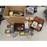 A LARGE ASSORTMENT OF VINTAGE TINS SOME TO INCLUDE SEWING ITEMS