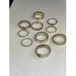 TEN WHITE METAL RINGS TESTED AS SILVER