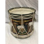A MARCHING BAND DRUM WITH WORCESTERSHIRE REGIMENT SOUTH AFRICA 1900 - 02 DECORATION