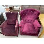 TWO PURPLE UPHOLSTERED EASY CHAIRS