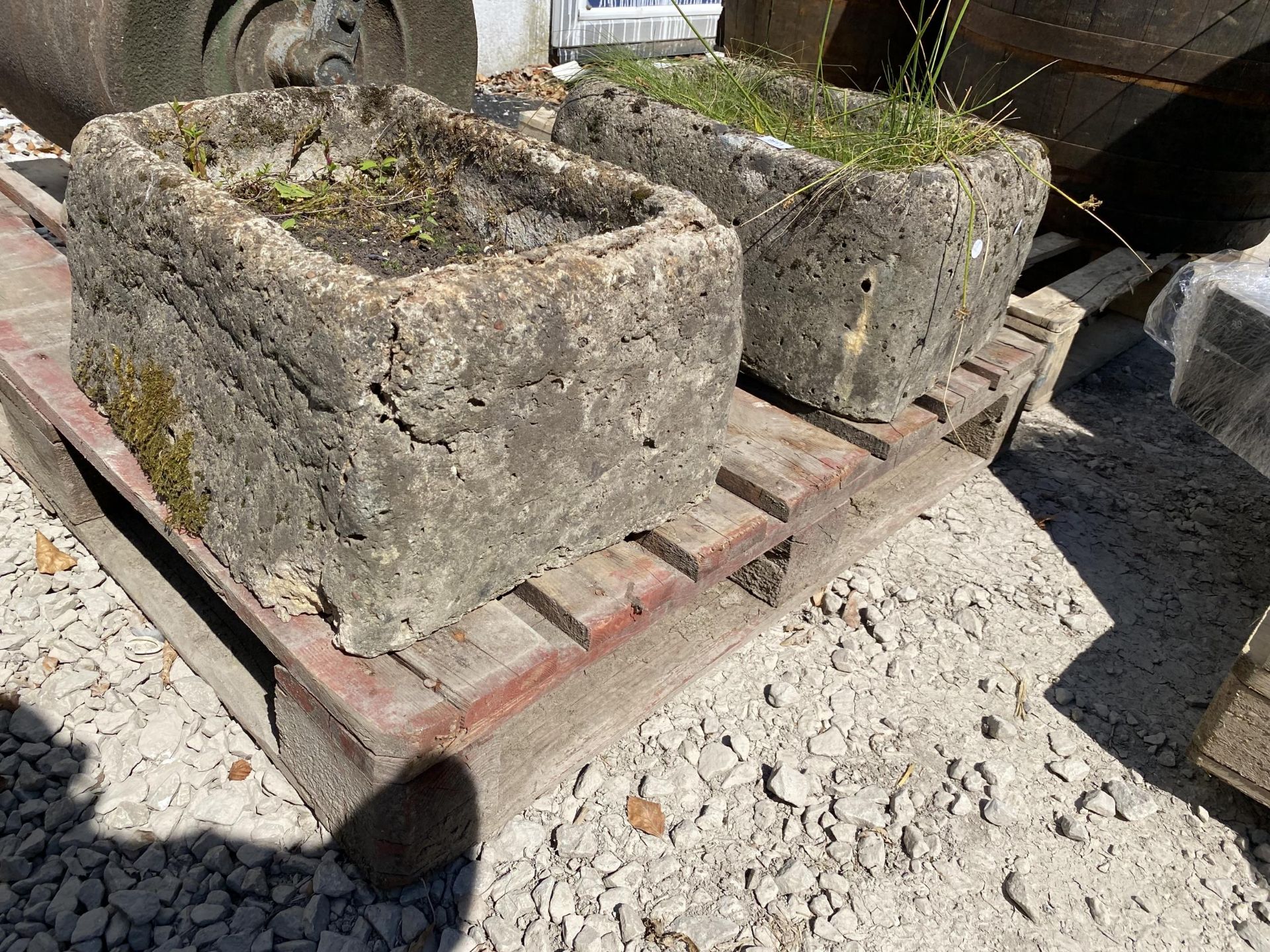 A PAIR OF RECONSTITUTED STONE TROUGH PLANTERS (ONE A/F) - Image 2 of 4