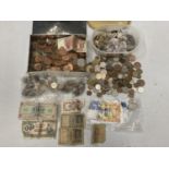 A LARGE ASSORTMENT OF MOSTLY VINTAGE COINAGE AND SOME FOREIGN BANK NOTES