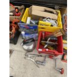 AN ASSORTMENT OF TOOLS TO INCLUDE FILES, A BRACE DRILL AND A WHEEL WRENCH ETC