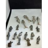 A SELECTION OF WHITE METAL FIGURES TO INCLUDE SOLDIERS AND DOLPHINS ETC