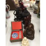 A COLLECTION OF ASIAN FIGURINES TO INCLUDE BUDDAHS, ETC PLUS A BOXED WAX AND SEAL KIT