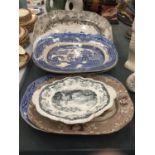 A QUANTITY OF LARGE VINTAGE PLATTERS TO INCLUDE BLUE AND WHITE, GREY AND WHITE, ETC