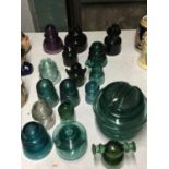 A COLLECTION OF VINTAGE COLOURED GLASS ELECTRIC INSULATORS