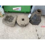A SMALL STONE TROUGH, A GRIND STONE AND A CAST IRON GUTTER HOPPER