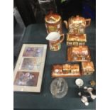 A QUANTITY OF COTTAGE WARE TEA ITEMS TO INCLUDE A TEAPOT, BISCUIT BARREL, BUTTER AND CHEESE