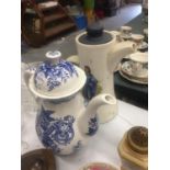 AN ENOCH WEDGWOOD, TUNSTALL 'REGENCY' BLUE AND WHITE COFFEE POT AND A ROYAL TUDOR WARE COFFEE POT