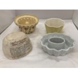 FOUR VINTAGE JELLY AND BLANCMANGE MOULDS