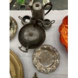 A QUANTITY OF ARTS AND CRAFTS STYLE PEWTER PLUS A SILVER PLATED PLATE AND HANDLED BOWL