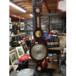 A MAHOGANY CASED BAROMETER BY J. POZZI, ROCHDALE WITH INTEGRATED SPIRIT LEVEL AND THERMOMETER