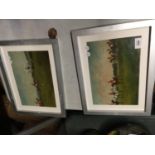 A PAIR OF FRAMED HUNTING THEMED OIL ON BOARD 40CM X 30CM SIGNED RENALDS
