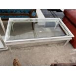 A MODERN LIMED COFFEE TABLE WITH GLASS TOP, 50X27"