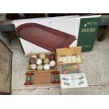 AN ASSORTMENT OF VINTAGE AND RETRO GAMES TO INCLUDE A JAQUES BAGATELLE, CRICKET BALLS AND DOMINOES
