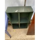 GREEN PAINTED FOUR DIVISION OPEN DISPLAY SHELVES, 24" WIDE