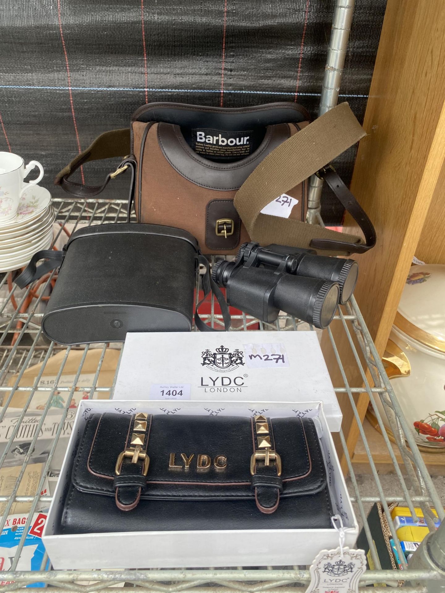 A BARBOUR CARRY CASE, BINOCULARS AND AN LYDC LONDON PURSE