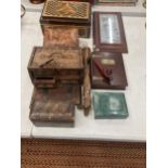 A QUANTITY OF TREEN BOXES TO INCLUDE FLORAL PATTERNED, CIGARETTE BOX, A BOOK STYLE WITH BRASS
