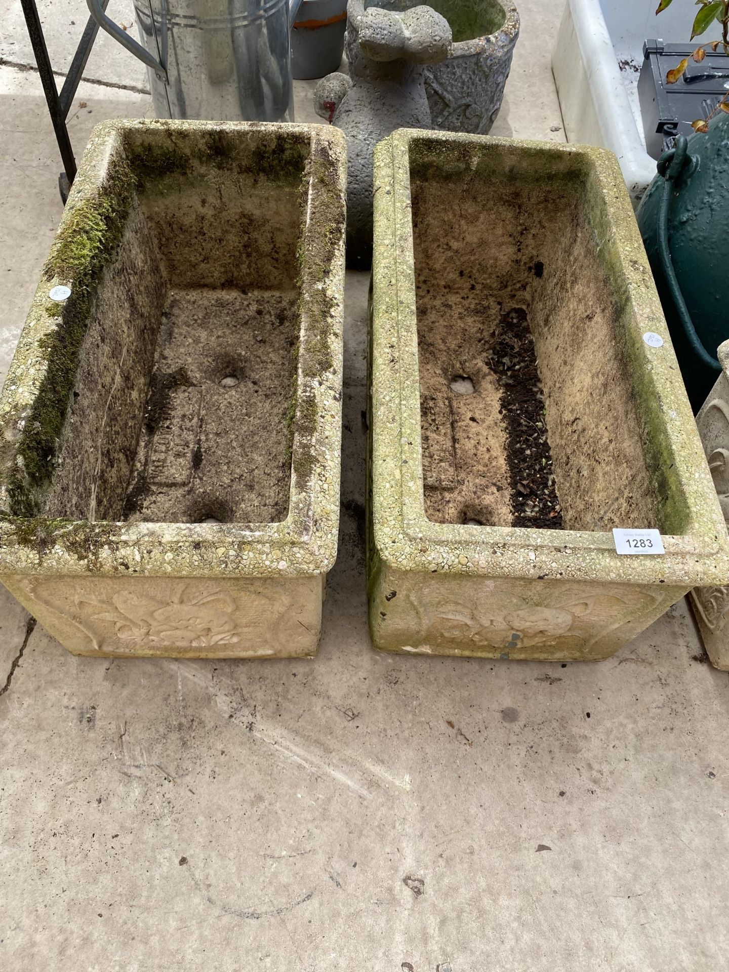 A NEAR PAIR OF RECONSTITUTED STONE PLANTERS AND A GLAZED PLANT POT - Image 2 of 6