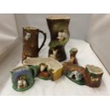 THREE PIECES OF HORNSEA POTTERY ANIMAL THEMED JUGS, ETC PLUS A WITHERNSEA VASE